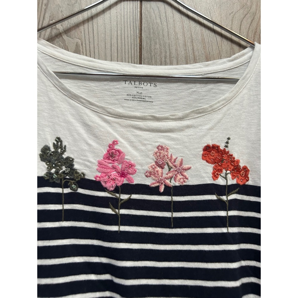 Talbots Petite XLp Striped Boat Neck Top Navy White Floral Embroidered Beaded - Picture 4 of 6